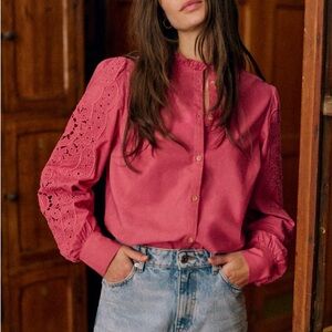 Sezane Zoelie in Rosewood Embellished Blouse with Mandarin Collar